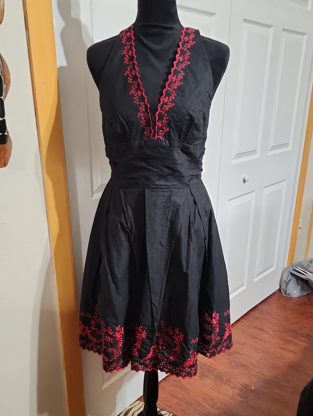 Robbie Bee Black Fit and Flare Halter Dress with Red Embroidery